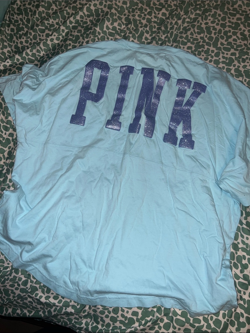 PINK Victoria's Secret Light Blue Short Sleeve Tee with Navy Glitter Logo